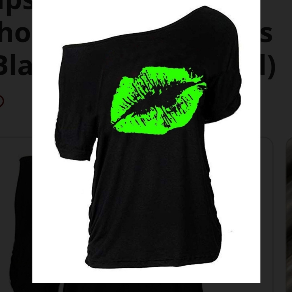 MagicMK Women's Lips Print Off Shoulder Black Tshirt Size Small